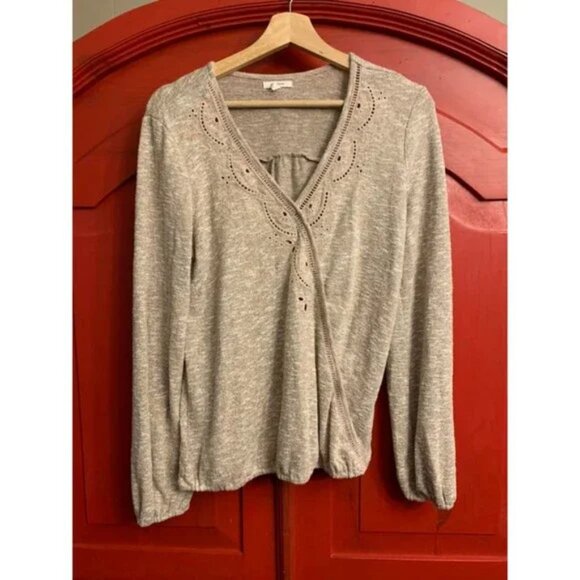 Maurices Brown/Tan Neutral Faux Wrap Eyelet Trim Long Sleeve Sweater Top - Picture 7 of 8